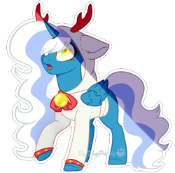 Size: 2121x2086 | Tagged: safe, artist:dogpawls, oc, oc only, oc:fleurbelle, alicorn, pony, alicorn oc, antlers, bell, bow, clothes, female, high res, horn, jacket, jingle bells, mare, reindeer antlers, simple background, solo, transparent background, watermark, wings, yellow eyes