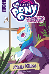 Size: 2063x3131 | Tagged: safe, artist:jenna ayoub, idw, official comic, rainbow dash, bird, pegasus, pony, g4, my little pony classics reimagined: little fillies, official, chair, clothes, comic cover, curtains, dress, high res, little women, my little pony logo, plant, window