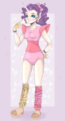 Size: 324x600 | Tagged: safe, artist:brot-art, rarity, human, g4, alternate hairstyle, boots, bow, chica, clothes, commission, crossover, cute, ear piercing, earring, elf ears, eyeshadow, face paint, female, fingerless gloves, five nights at freddy's, five nights at freddy's: security breach, glamrock chica, gloves, hair bow, horn, horned humanization, humanized, jewelry, leg warmers, leotard, makeup, piercing, pointing, pointing at self, raribetes, shoes, shoulder pads, solo, spiked wristband, wristband