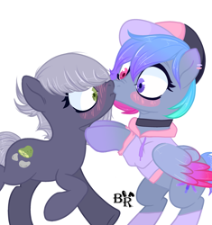 Size: 2500x2662 | Tagged: safe, artist:blackkkrabbit, limestone pie, oc, oc:galaxy (pegasus), earth pony, pegasus, pony, g4, baseball cap, bipedal, blushing, canon x oc, cap, choker, clothes, commission, duo, ear piercing, earring, female, galastone, hat, heterochromia, high res, hoodie, jewelry, kiss on the lips, kissing, lesbian, looking at each other, looking at someone, mare, nonbinary, piercing, raised hoof, shipping, simple background, socks, white background, ych result