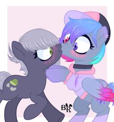 Size: 2500x2662 | Tagged: safe, alternate version, artist:blackkkrabbit, limestone pie, oc, oc:galaxy (pegasus), earth pony, pegasus, pony, g4, baseball cap, bipedal, blushing, canon x oc, cap, choker, clothes, commission, duo, ear piercing, earring, female, galastone, hat, heterochromia, high res, hoodie, jewelry, kiss on the lips, kissing, lesbian, looking at each other, looking at someone, mare, nonbinary, piercing, raised hoof, shipping, socks, ych result