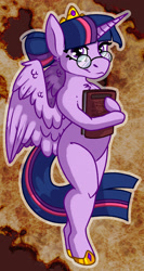 Size: 1280x2406 | Tagged: safe, artist:grumpygriffcreation, twilight sparkle, alicorn, semi-anthro, alternate hairstyle, book, crown, female, glasses, hair bun, hoof shoes, jewelry, looking at you, mare, regalia, smiling, solo, twilight sparkle (alicorn)