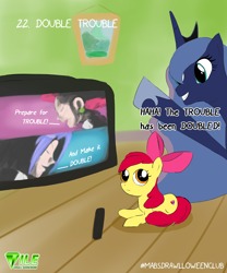 Size: 1400x1680 | Tagged: safe, artist:sonicsnake, apple bloom, princess luna, alicorn, earth pony, pony, g4, 2022, anime, female, filly, foal, inktober 2022, james, jessie, mare, old art, pokémon, team rocket, television, text, the fun has been doubled