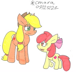 Size: 1152x1081 | Tagged: safe, artist:cmara, apple bloom, applejack, earth pony, pony, g4, apple sisters, butt, duo, female, filly, foal, mare, plot, siblings, simple background, sisters, traditional art, white background