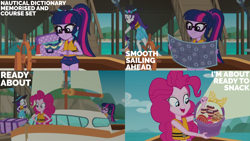 Size: 4400x2475 | Tagged: safe, edit, edited screencap, editor:quoterific, screencap, pinkie pie, rarity, sci-twi, twilight sparkle, human, equestria girls, g4, my little pony equestria girls: better together, the salty sails, bikini, clothes, female, hat, lifejacket, one-piece swimsuit, sarong, swimsuit, trio, trio female