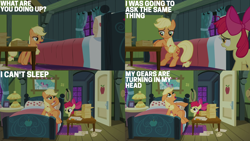 Size: 4400x2475 | Tagged: safe, edit, edited screencap, editor:quoterific, screencap, apple bloom, applejack, earth pony, pony, apple family reunion, g4, apple bloom's bow, bed, bow, duo, duo female, female, hair bow, nightstand, window