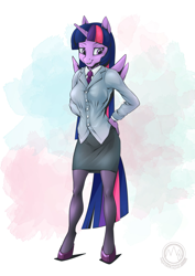 Size: 2171x3070 | Tagged: safe, artist:mysticalpha, twilight sparkle, alicorn, anthro, unguligrade anthro, g4, breasts, business suit, businessmare, busty twilight sparkle, clothes, female, grin, hand on hip, high res, mare, necktie, pantyhose, smiling, solo, twilight sparkle (alicorn)