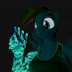 Size: 600x600 | Tagged: safe, artist:kamimation, oc, oc:kam pastel, pegasus, anthro, 3d, amputee, animated, blender, breasts, clothes, disintegration, gif, glowing, glowing eyes, hat, particles, prosthetic limb, prosthetics, solo, spread wings, wings, worried