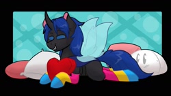 Size: 1583x891 | Tagged: safe, artist:cadetredshirt, oc, oc only, oc:swift dawn, changeling, pony, blue eyes, blue mane, blue tail, blushing, changeling oc, clothes, commission, digital art, fangs, heart, heart pillow, holeless, horn, hug, insect wings, lying down, male, pansexual pride flag, pillow, pillow hug, pride, pride flag, pride socks, prone, simple background, smiling, smirk, socks, solo, spread wings, stallion, stallion oc, striped socks, tail, wings, ych result