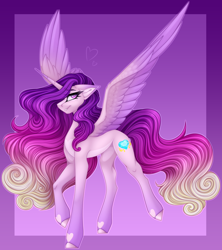 Size: 2536x2857 | Tagged: safe, artist:ouijaa, princess cadance, alicorn, pony, g4, abstract background, alternate design, beautiful, coat markings, colored belly, colored wings, concave belly, curly hair, curly mane, curly tail, ethereal mane, ethereal tail, eye clipping through hair, eye reflection, eyelashes, facial markings, female, fit, floppy ears, gradient background, gradient hair, gradient hooves, gradient mane, gradient tail, gradient wings, grin, heart mark, high res, hooves, lightly watermarked, long mane, long tail, looking at you, looking up, mare, older, older princess cadance, pale belly, purple background, purple eyes, raised hoof, raised leg, redesign, reflection, signature, simple background, slender, smiling, smiling at you, solo, spread wings, tail, tall, thin, three quarter view, ultimate cadance, wall of tags, watermark, wings
