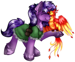 Size: 1797x1490 | Tagged: safe, artist:chvrchgrim, oc, oc:berry blast, oc:faraday, bird, phoenix, pony, unicorn, clothes, commission, dress, eyes closed, fire, frilly dress, grin, holding, nuzzling, pet, purple hair, raised hoof, satchel, simple background, smiling, spread wings, standing, transparent background, unshorn fetlocks, wings