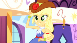 Size: 3072x1727 | Tagged: safe, screencap, applejack, human, equestria girls, g4, make up shake up, my little pony equestria girls: summertime shorts, armpits, bare shoulders, blonde hair, bracelet, clothes, cowboy hat, cowgirl, dress, fall formal outfits, female, freckles, green eyes, hand on hip, hat, jewelry, low ponytail, open mouth, open smile, orange skin, raised arm, raised hand, red belt, scarf, sleeveless, sleeveless dress, smiling, solo, stetson, strapless, strapless dress, teeth