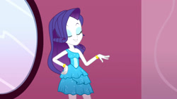 Size: 3072x1727 | Tagged: safe, screencap, rarity, human, equestria girls, g4, make up shake up, my little pony equestria girls: summertime shorts, bare shoulders, bracelet, eyebrows, eyes closed, eyeshadow, fall formal outfits, female, grin, hand on hip, high res, jewelry, makeup, mirror, sleeveless, smiling, solo