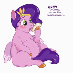 Size: 1280x1280 | Tagged: safe, artist:aristide, pipp petals, pegasus, pony, g5, adipipp, belly, big belly, blushing, burp, cellphone, fat, female, jewelry, mare, obese, phone, simple background, sitting, smartphone, solo, text, tiara, white background