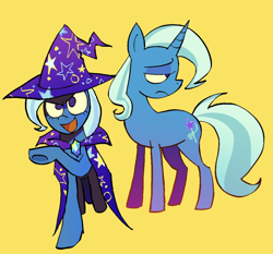 Size: 1190x1109 | Tagged: safe, artist:pichepata, trixie, pony, unicorn, g4, cape, clothes, female, frown, hat, lidded eyes, mare, open mouth, open smile, raised hoof, simple background, smiling, solo, tail, trixie's cape, trixie's hat, underhoof, yellow background