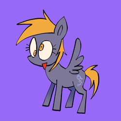 Size: 939x939 | Tagged: safe, artist:pichepata, derpy hooves, pegasus, pony, g4, female, mare, open mouth, open smile, purple background, simple background, smiling, solo, spread wings, tail, wings