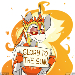 Size: 2560x2560 | Tagged: safe, artist:difis, daybreaker, anthro, clothes, fire, lidded eyes, looking at you, paper, sign, simple background, smiling, smug, solo, text, white background