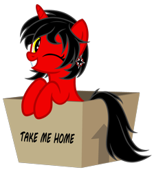 Size: 3426x3832 | Tagged: safe, artist:equestria secret guard, oc, oc only, oc:dark star, oc:友谊领主暗星, pony, unicorn, box, female, high res, horn, looking at you, mare, one eye closed, pony in a box, simple background, smiling, solo, transparent background, unicorn oc