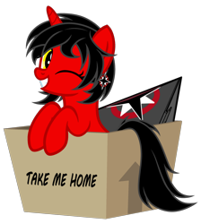 Size: 3426x3832 | Tagged: safe, alternate version, artist:equestria secret guard, oc, oc only, oc:dark star, oc:友谊领主暗星, pony, unicorn, box, female, helmet, high res, horn, looking at you, mare, one eye closed, pony in a box, red and black oc, simple background, smiling, solo, transparent background, unicorn oc