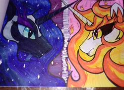 Size: 3834x2778 | Tagged: safe, daybreaker, nightmare moon, g4, high res, looking at each other, looking at someone, traditional art