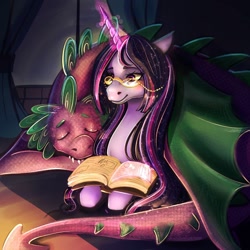 Size: 1024x1024 | Tagged: safe, artist:twiddletwum, spike, twilight sparkle, alicorn, dragon, pony, g4, adult, adult spike, bedtime story, book, duo, duo male and female, female, glasses, glowing, glowing horn, horn, lying down, magic, magic aura, male, mare, older, older spike, older twilight, prone, sleeping, smiling, telekinesis, twilight sparkle (alicorn), wing blanket, winged spike, winghug, wings