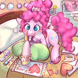 Size: 2048x2048 | Tagged: safe, artist:twiddletwum, pinkie pie, earth pony, pony, alternate hairstyle, bed, colored hooves, cute, diapinkes, female, floppy ears, glitter, heart, hearts and hooves day, high res, mare, marker, mouth hold, on bed, pillow, smiling, solo
