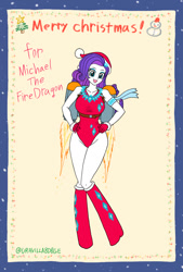 Size: 734x1089 | Tagged: safe, artist:uravilladge, rarity, human, equestria girls, g4, christmas, clothes, flying, hand on hip, happy, hat, holiday, jetpack, leotard, open mouth, santa hat, scarf, solo