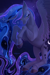 Size: 854x1280 | Tagged: safe, artist:eellivven, princess luna, alicorn, pony, g4, colored hooves, ethereal mane, ethereal tail, female, flying, hooves, lacrimal caruncle, lidded eyes, lightly watermarked, long mane, long tail, looking at you, mare, missing accessory, raised hooves, signature, slender, solo, spread wings, starry mane, starry sky, starry tail, tail, thin, watermark, wings
