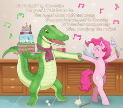 Size: 1361x1200 | Tagged: safe, artist:vavacung, pinkie pie, crocodile, earth pony, pony, bipedal, cake, clothes, crossover, dancing, duo, eyes closed, female, food, happy, hoof hold, kitchen, lyle lyle crocodile, lyle the crocodile, male, mare, older, open mouth, parody, scarf, singing