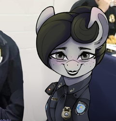 Size: 2774x2892 | Tagged: safe, artist:themimicartist, oc, oc:mimic, earth pony, pony, clothes, high res, lipstick, looking at you, meme, necktie, police officer, police uniform, ponified meme, smiling, solo