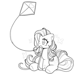 Size: 1145x1147 | Tagged: safe, artist:bunxl, skywishes, earth pony, pony, g3, cute, g3betes, heart, heart eyes, kite, monochrome, mouth hold, simple background, sitting, smiling, solo, white background, wingding eyes, wip