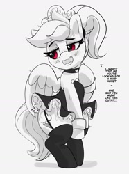 Size: 1262x1694 | Tagged: safe, artist:pabbley, rainbow dash, pegasus, pony, g4, bipedal, blushing, choker, clothes, dialogue, female, garter belt, garter straps, lidded eyes, maid, mare, nervous sweat, open mouth, open smile, rainbow dash always dresses in style, rainbow maid, smiling, solo, stockings, thigh highs