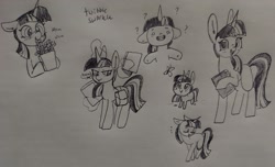 Size: 2193x1332 | Tagged: safe, artist:nootaz, twilight sparkle, butterfly, pony, unicorn, g4, bag, book, eyes closed, floppy ears, food, french fries, happy, looking at you, question mark, saddle bag, smiling, solo, traditional art, unamused, unicorn twilight