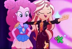 Size: 604x415 | Tagged: safe, screencap, pinkie pie, sunset shimmer, human, equestria girls, equestria girls specials, g4, my little pony equestria girls: better together, my little pony equestria girls: sunset's backstage pass, discovery kids, duo, duo female, female
