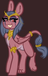 Size: 626x999 | Tagged: safe, artist:nootaz, oc, oc only, hybrid, pony, sphinx, egyptian, egyptian headdress, egyptian pony, female, grin, interspecies offspring, lidded eyes, looking at you, magical lesbian spawn, offspring, parent:somnambula, parent:the sphinx, parents:sphinxambula, smiling, solo