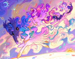 Size: 2048x1602 | Tagged: safe, artist:千雲九枭, princess cadance, princess celestia, princess flurry heart, princess luna, twilight sparkle, alicorn, pony, :p, alicorn pentarchy, alicorn tetrarchy, aunt and niece, chest fluff, crown, curved horn, eyes closed, female, filly, flying, foal, happy, heart, hoof shoes, horn, jewelry, mare, moon, mother and child, mother and daughter, new crown, princess shoes, regalia, siblings, sisters, slim, smiling, spread wings, stars, sun, thin, tiara, tongue out, twilight sparkle (alicorn), wings