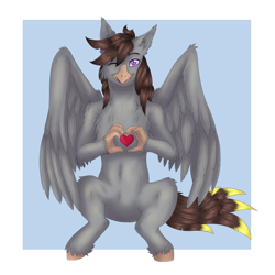 Size: 2100x2100 | Tagged: safe, artist:yauriko, oc, oc:luxor, classical hippogriff, hippogriff, belly, chest fluff, heart hands, high res, looking at you, one eye closed, partially open wings, simple background, sitting, unshorn fetlocks, wings, wink, winking at you