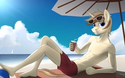 Size: 3350x2100 | Tagged: safe, artist:dash wang, oc, oc only, oc:cream brun, unicorn, anthro, plantigrade anthro, abs, beach, beach ball, clothes, hand, high res, looking at you, male, partial nudity, smiling, solo, sunglasses, topless