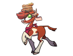 Size: 1920x1480 | Tagged: safe, artist:wacky-skiff, arizona (tfh), cow, them's fightin' herds, bandana, cloven hooves, community related, female, food, looking up, no pupils, pancakes, simple background, solo, white background