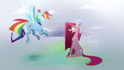 Size: 600x338 | Tagged: safe, artist:wacky-skiff, pinkie pie, rainbow dash, earth pony, pegasus, pony, g4, animated, duo, duo female, female, flapping, flapping wings, flying, gif, pinkamena diane pie, wings
