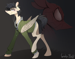 Size: 1387x1100 | Tagged: safe, artist:wacky-skiff, pegasus, pony, male, marvel, peter parker, ponified, solo, spider-man