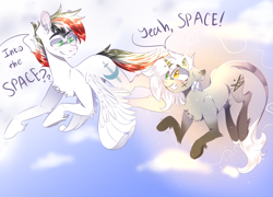 Size: 2500x1800 | Tagged: safe, artist:wacky-skiff, oc, oc only, oc:damiyan, pegasus, pony, cloud, dialogue, duo, flying, green eyes, sky, text, white fur