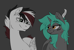 Size: 3000x2000 | Tagged: safe, artist:wacky-skiff, oc, oc only, oc:damiyan, pegasus, pony, unicorn, duo, green eyes, high res, horn, looking at each other, looking at someone, simple background, smiling, smiling at each other, solo, white fur
