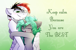 Size: 3000x2000 | Tagged: oc name needed, safe, artist:wacky-skiff, oc, oc only, oc:damiyan, pegasus, pony, unicorn, bipedal, duo, eyes closed, female, green eyes, high res, horn, hug, male, mare, simple background, stallion, text, white fur