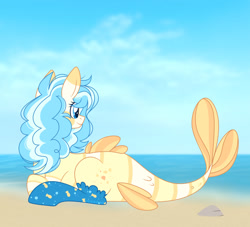 Size: 1280x1160 | Tagged: safe, artist:yukkimo, oc, pony, augmented, augmented tail, beach, commission, female, fish tail, lying down, ocean, prone, solo, tail, water