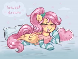 Size: 3547x2684 | Tagged: safe, artist:confetticakez, fluttershy, pegasus, pony, alternate hairstyle, bed, blanket, blushing, clothes, cute, daaaaaaaaaaaw, eyes closed, female, lying down, mare, on bed, open mouth, open smile, pajamas, pillow, prone, shyabetes, sleepy, smiling, socks, solo, striped socks