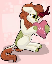 Size: 895x1100 | Tagged: safe, artist:cadetredshirt, autumn blaze, kirin, pony, g4, awwtumn blaze, cloven hooves, commission, cute, digital art, ears back, heart, hearts and hooves day, holiday, looking up, scales, shy, sitting, smiling, solo, valentine, valentine's day, ych result