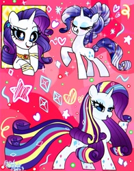 Size: 1074x1368 | Tagged: safe, artist:petaltwinkle, rarity, pony, unicorn, g4, alternate hairstyle, blushing, bracelet, crystallized, cute, ear piercing, earring, element of generosity, eyes closed, eyeshadow, female, jewelry, makeup, mare, multiple tails, piercing, rainbow power, raribetes, solo, tail, two tails