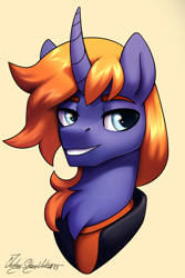 Size: 2000x3000 | Tagged: safe, artist:jedayskayvoker, oc, oc:duskshy, bust, chest fluff, clothes, curved horn, cute, eyebrows, high res, horn, icon, male, patreon, patreon reward, portrait, simple background, smiling, solo, stallion, thick eyebrows