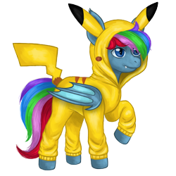 Size: 2332x2332 | Tagged: safe, artist:micaza_, oc, oc only, oc:azure star (fauli1221), bat pony, pikachu, pony, clothes, commission, costume, high res, hoodie, kigurumi, male, pokémon, raised hoof, simple background, slender, solo, stallion, thin, transparent background, ych result